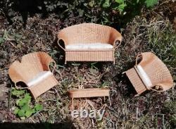 1.12 scale Dolls House Miniature Wicker Furniture Set of Two Armchairs, a Settee