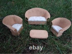 1.12 scale Dolls House Miniature Wicker Furniture Set of Two Armchairs, a Settee