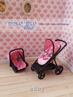 1/12th Scale Miniature PINK Dollhouse Stroller/Pushchair & attachable Car Seat