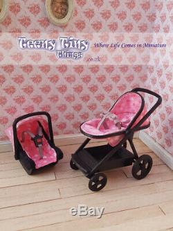1/12th Scale Miniature PINK Dollhouse Stroller/Pushchair & attachable Car Seat