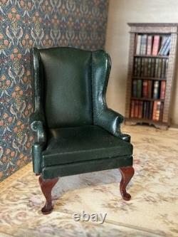 112 Escutcheon Miniatures Green Leather Armchair Wingback. Dolls House