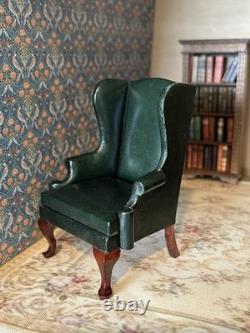 112 Escutcheon Miniatures Green Leather Armchair Wingback. Dolls House