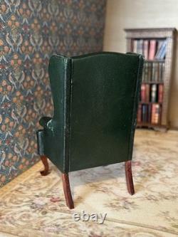 112 Escutcheon Miniatures Green Leather Armchair Wingback. Dolls House