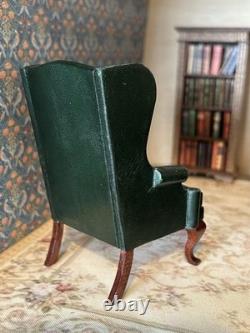 112 Escutcheon Miniatures Green Leather Armchair Wingback. Dolls House