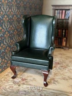 112 Escutcheon Miniatures Green Leather Armchair Wingback. Dolls House