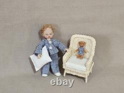 112 OOAK Dolls House Miniature Little Boy Doll, Teddy & Wicker Chair