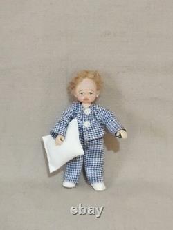 112 OOAK Dolls House Miniature Little Boy Doll, Teddy & Wicker Chair