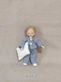 112 OOAK Dolls House Miniature Little Boy Doll, Teddy & Wicker Chair