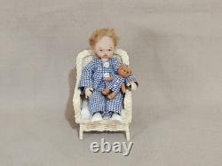 112 OOAK Dolls House Miniature Little Boy Doll, Teddy & Wicker Chair