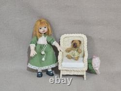 112 OOAK Dolls House Miniature Little Girl Doll, Teddy & Wicker Chair