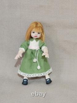 112 OOAK Dolls House Miniature Little Girl Doll, Teddy & Wicker Chair