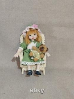 112 OOAK Dolls House Miniature Little Girl Doll, Teddy & Wicker Chair