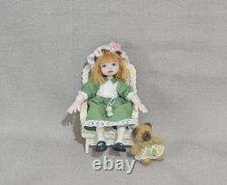 112 OOAK Dolls House Miniature Little Girl Doll, Teddy & Wicker Chair
