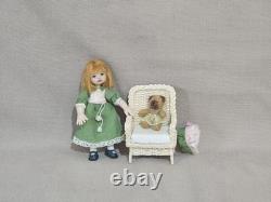 112 OOAK Dolls House Miniature Little Girl Doll, Teddy & Wicker Chair