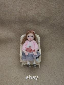 112 OOAK Dolls House Miniature Little Girl Doll & Wicker Chair