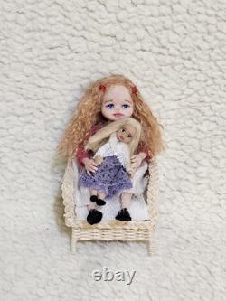112 scale OOAK Dolls House Miniature Little Girl Doll, Toy Dolly & Wicker Chair