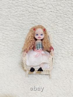 112 scale OOAK Dolls House Miniature Little Girl Doll, Toy Dolly & Wicker Chair