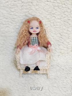 112 scale OOAK Dolls House Miniature Little Girl Doll, Toy Dolly & Wicker Chair