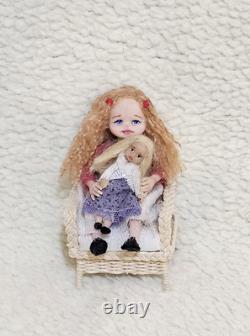 112 scale OOAK Dolls House Miniature Little Girl Doll, Toy Dolly & Wicker Chair