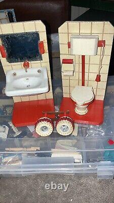 112th Scale Vintage German Cream And Red Wooden Toilet And Sink Unit. Light Too