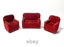 1930's Miniature Doll's House Pit A Pat Red Velvet Suite Furniture