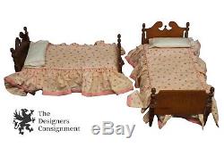 2 Antique Early American Walnut Twin Doll House Beds Miniature With Sheets Bedding