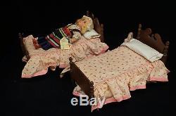 2 Antique Early American Walnut Twin Doll House Beds Miniature With Sheets Bedding