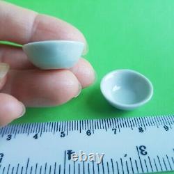 2 Miniature White Ceramic Round Bowl Dish Handmade Stone Ware Doll House M08