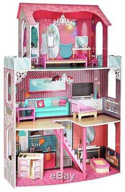 3 Story Doll House Kids Wooden Dollhouse Dolls Furniture Children Pink Girls Toy