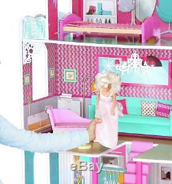 3 Story Doll House Kids Wooden Dollhouse Dolls Furniture Children Pink Girls Toy