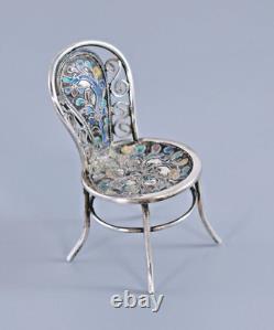 ANTIQUE MINIATURE DOLLS HOUSE SILVER FILIGREE & ENAMEL CHAIR 5.5cm High 11g