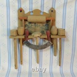 ANTIQUE miniature Doll House Kitchen Rack wall-shelf wood w treenware utensils