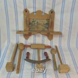 ANTIQUE miniature Doll House Kitchen Rack wall-shelf wood w treenware utensils