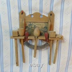 ANTIQUE miniature Doll House Kitchen Rack wall-shelf wood w treenware utensils