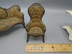 Antique Doll House Miniature J & E Stevens Cast Iron Sofa Chair Ottoman Table
