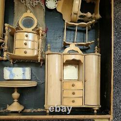 Antique Dollhouse Miniature 12pc Bedroom Set Pink Gilt Canopy Bed France