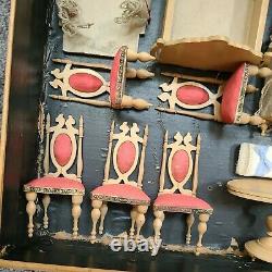 Antique Dollhouse Miniature 12pc Bedroom Set Pink Gilt Canopy Bed France