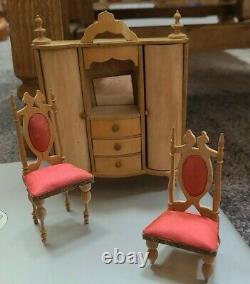 Antique Dollhouse Miniature 12pc Bedroom Set Pink Gilt Canopy Bed France