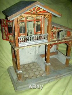 Antique German Moritz Gottschalk Blue Roof dollhouse farm, stable & loft, c1890