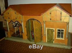 Antique German Moritz Gottschalk Blue Roof dollhouse farm, stable & loft, c1890