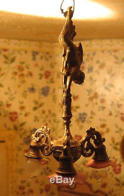 Antique German doll house miniature gilt metal cherub chandelier Pink tulip