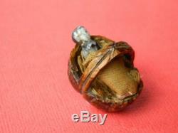 Antique Hand Made Walnut Shell Basket & Miniature Frozen Charlotte Doll C1860