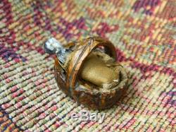 Antique Hand Made Walnut Shell Basket & Miniature Frozen Charlotte Doll C1860