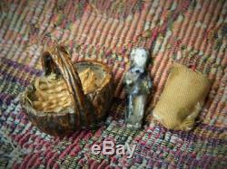 Antique Hand Made Walnut Shell Basket & Miniature Frozen Charlotte Doll C1860