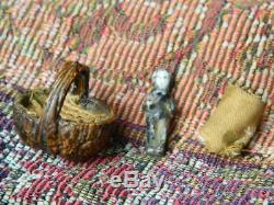 Antique Hand Made Walnut Shell Basket & Miniature Frozen Charlotte Doll C1860