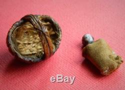 Antique Hand Made Walnut Shell Basket & Miniature Frozen Charlotte Doll C1860