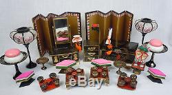 Antique Japanese Doll House Miniature Furniture Lacquer Screen Sewing Chest Lamp