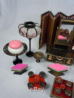 Antique Japanese Doll House Miniature Furniture Lacquer Screen Sewing Chest Lamp