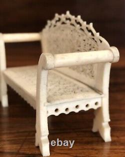 Antique Miniature Carved Bone Sofa Chaise Filigree Detail Dolls House Furniture
