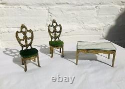 Antique Miniature Doll House Furniture Gilt Ormolu Bronze Velvet Chairs Table